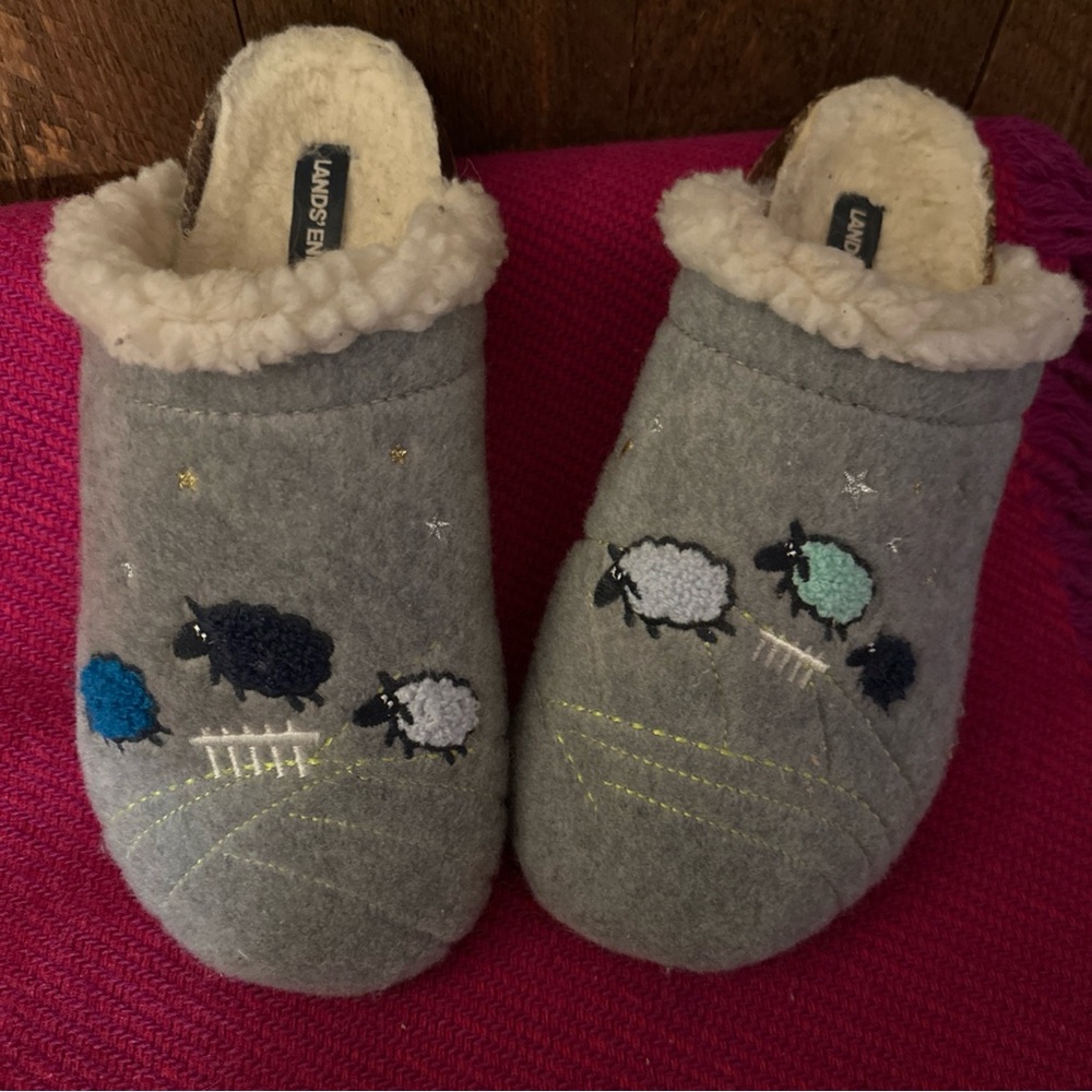 Lands End Gray Woolen Slippers with Sheep Embroidery
